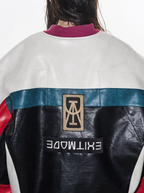 BLIND NO PLAN Colorblocked Embroidered Racing Leather Jacket