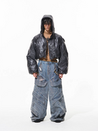 BLIND NO PLAN Wrinkled Hooded Short Bomber Jacket