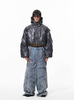 BLIND NO PLAN Wrinkled Hooded Short Bomber Jacket