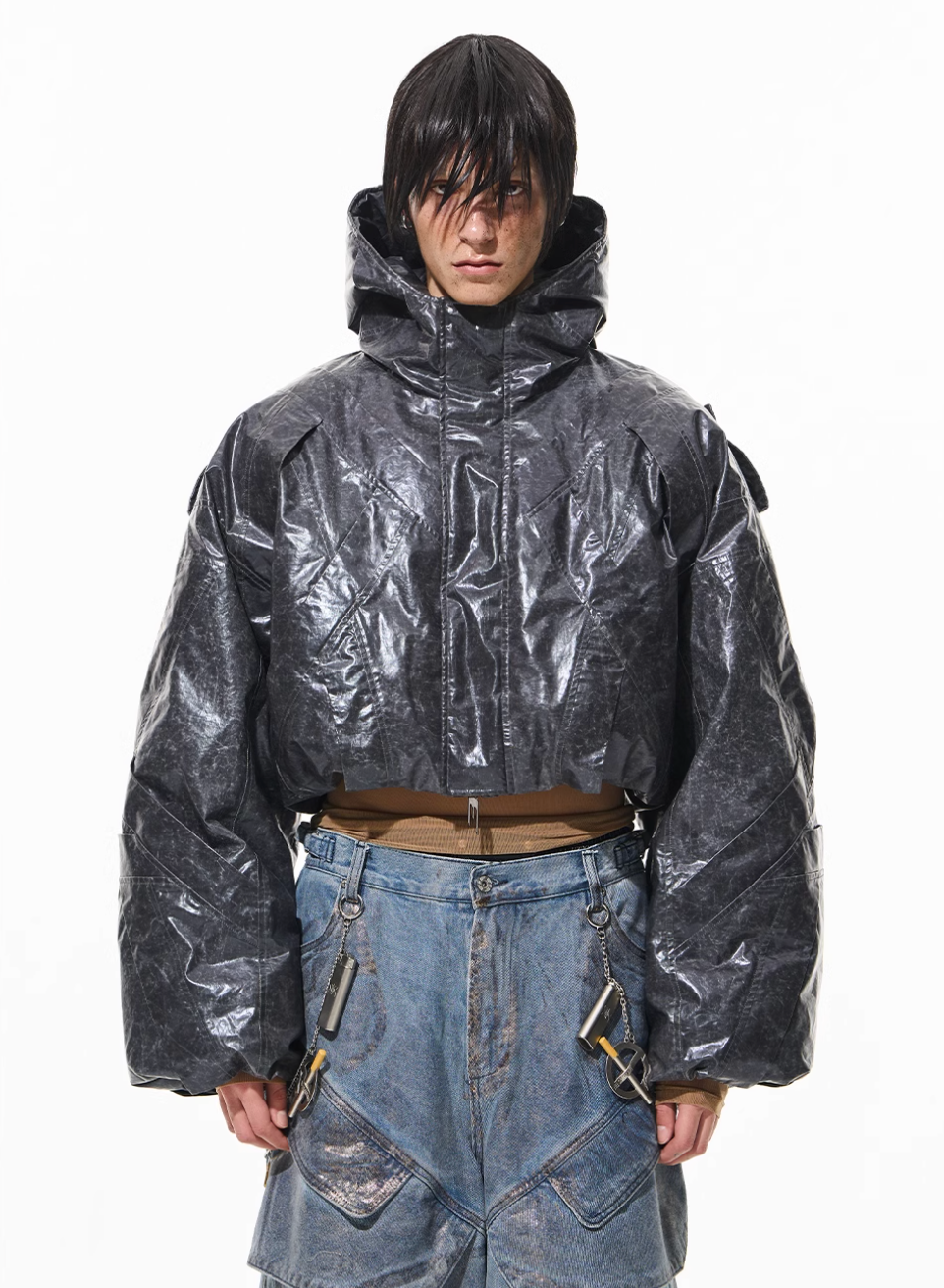 BLIND NO PLAN Wrinkled Hooded Short Bomber Jacket