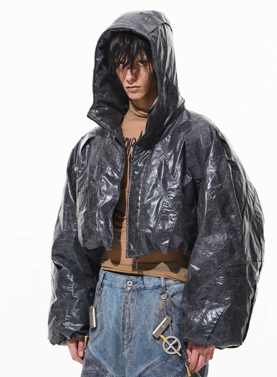 BLIND NO PLAN Wrinkled Hooded Short Bomber Jacket
