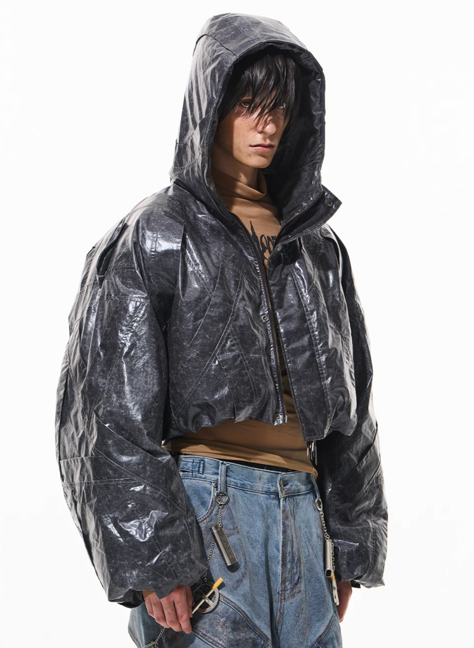 BLIND NO PLAN Wrinkled Hooded Short Bomber Jacket