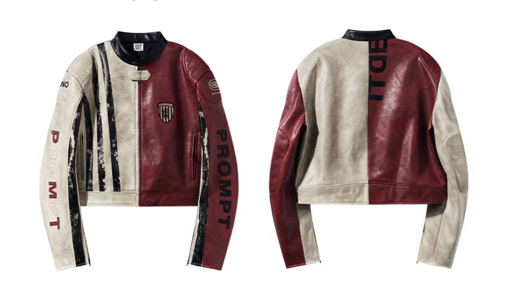 BLIND NO PLAN Distressed Leather Contrast Racing Jacket