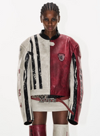 BLIND NO PLAN Distressed Leather Contrast Racing Jacket