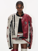 BLIND NO PLAN Distressed Leather Contrast Racing Jacket