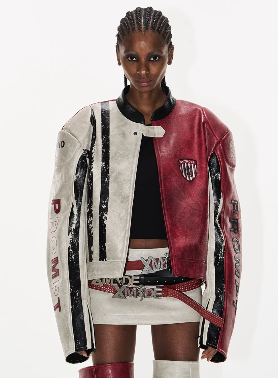BLIND NO PLAN Distressed Leather Contrast Racing Jacket