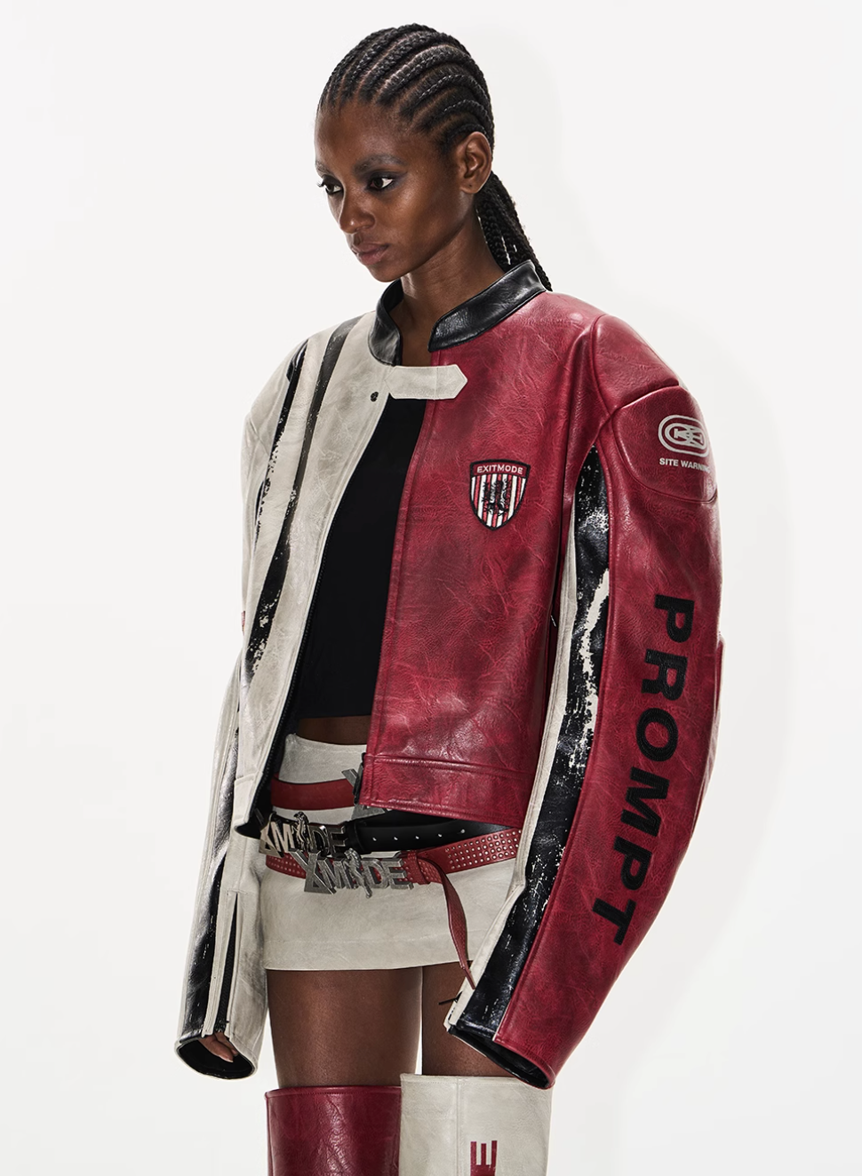 BLIND NO PLAN Distressed Leather Contrast Racing Jacket