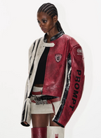 BLIND NO PLAN Distressed Leather Contrast Racing Jacket