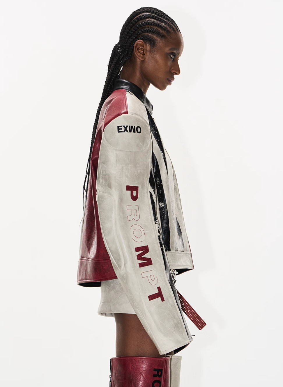 BLIND NO PLAN Distressed Leather Contrast Racing Jacket