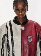 BLIND NO PLAN Distressed Leather Contrast Racing Jacket