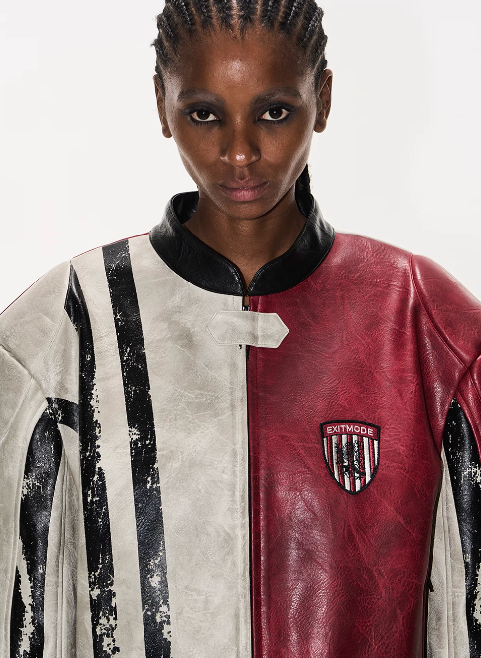 BLIND NO PLAN Distressed Leather Contrast Racing Jacket