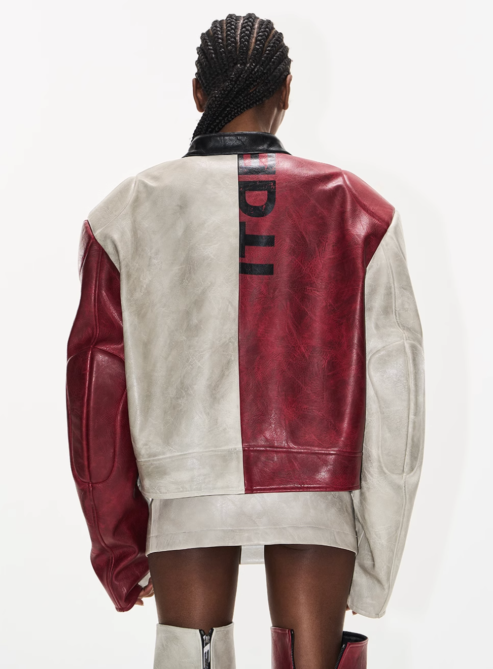 BLIND NO PLAN Distressed Leather Contrast Racing Jacket