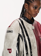 BLIND NO PLAN Distressed Leather Contrast Racing Jacket