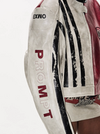 BLIND NO PLAN Distressed Leather Contrast Racing Jacket