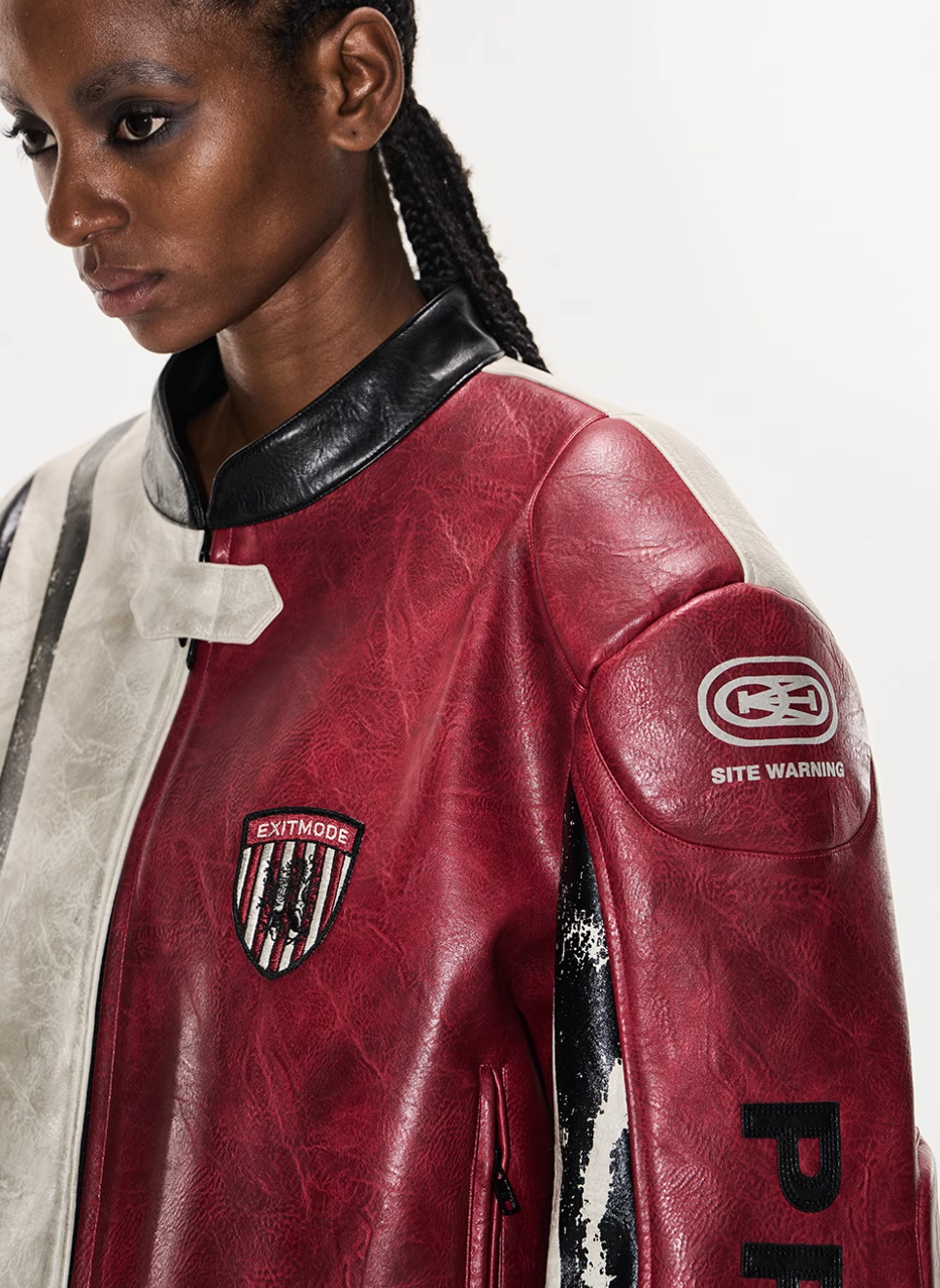 BLIND NO PLAN Distressed Leather Contrast Racing Jacket
