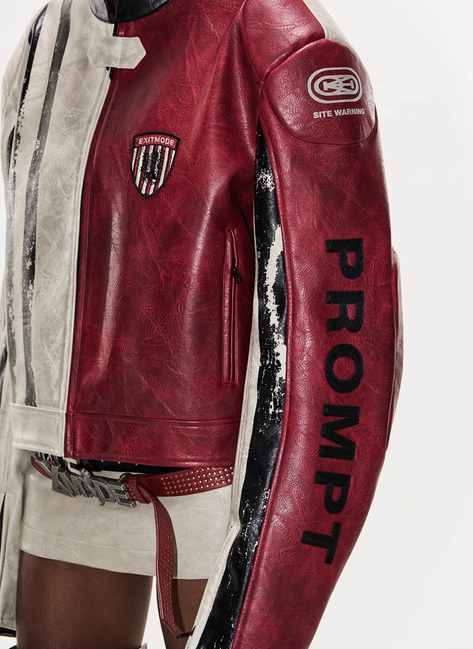 BLIND NO PLAN Distressed Leather Contrast Racing Jacket