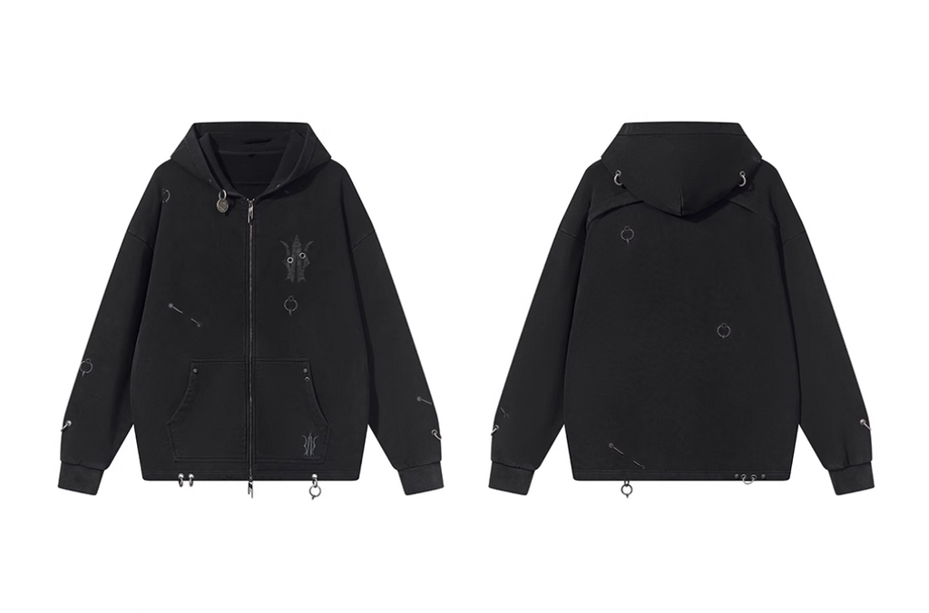 BLIND NO PLAN Washed Print Metal Detail Zip-Up Hoodie