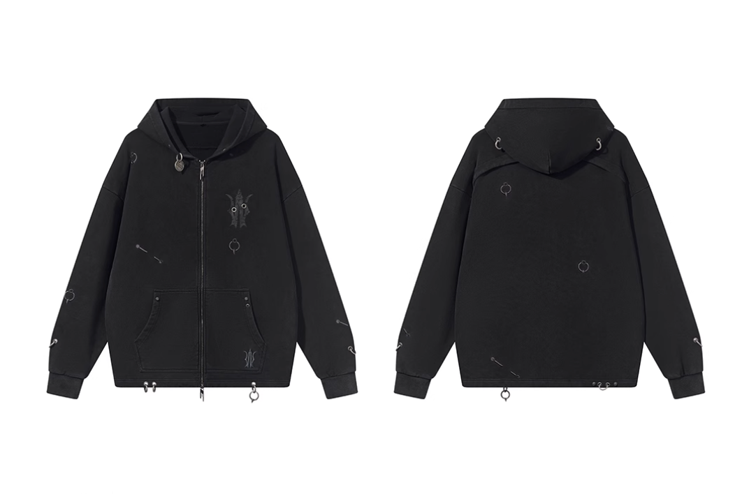BLIND NO PLAN Washed Print Metal Detail Zip-Up Hoodie