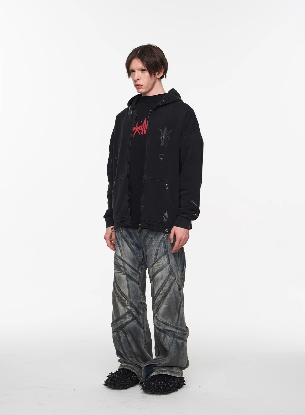 BLIND NO PLAN Washed Print Metal Detail Zip-Up Hoodie