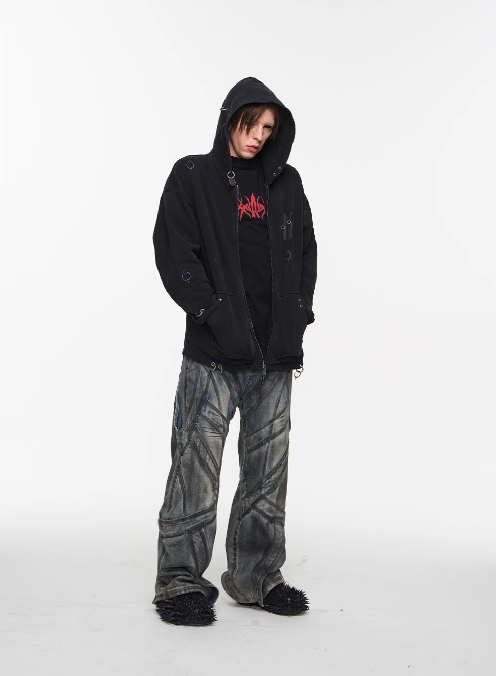 BLIND NO PLAN Washed Print Metal Detail Zip-Up Hoodie