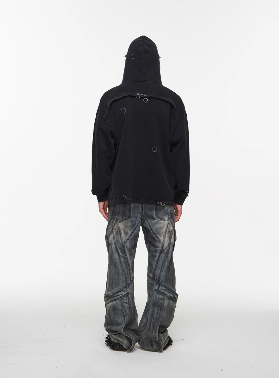BLIND NO PLAN Washed Print Metal Detail Zip-Up Hoodie