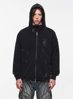 BLIND NO PLAN Washed Print Metal Detail Zip-Up Hoodie