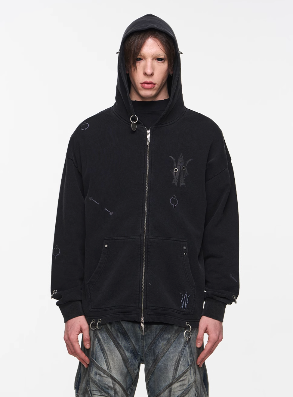 BLIND NO PLAN Washed Print Metal Detail Zip-Up Hoodie