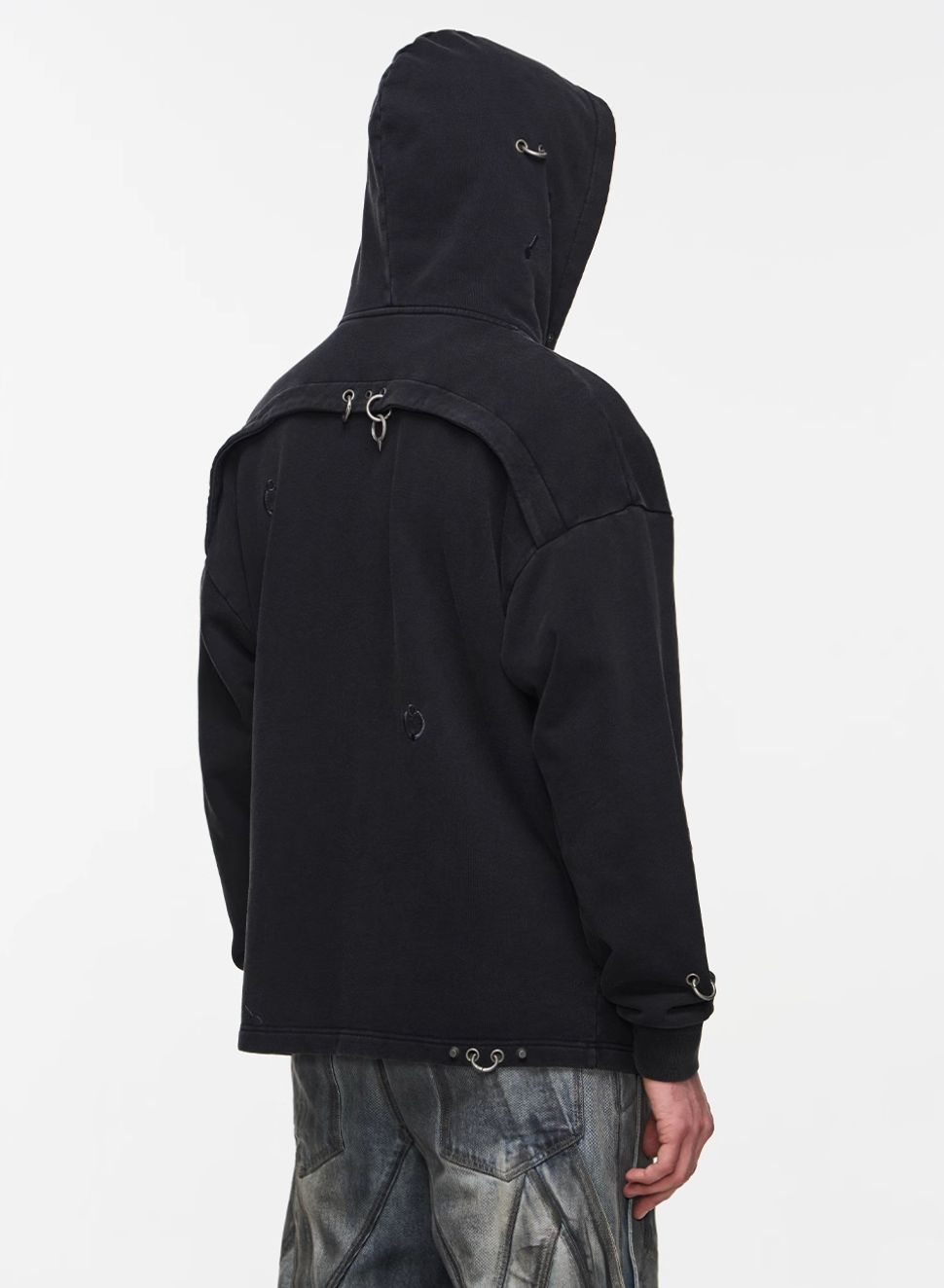 BLIND NO PLAN Washed Print Metal Detail Zip-Up Hoodie