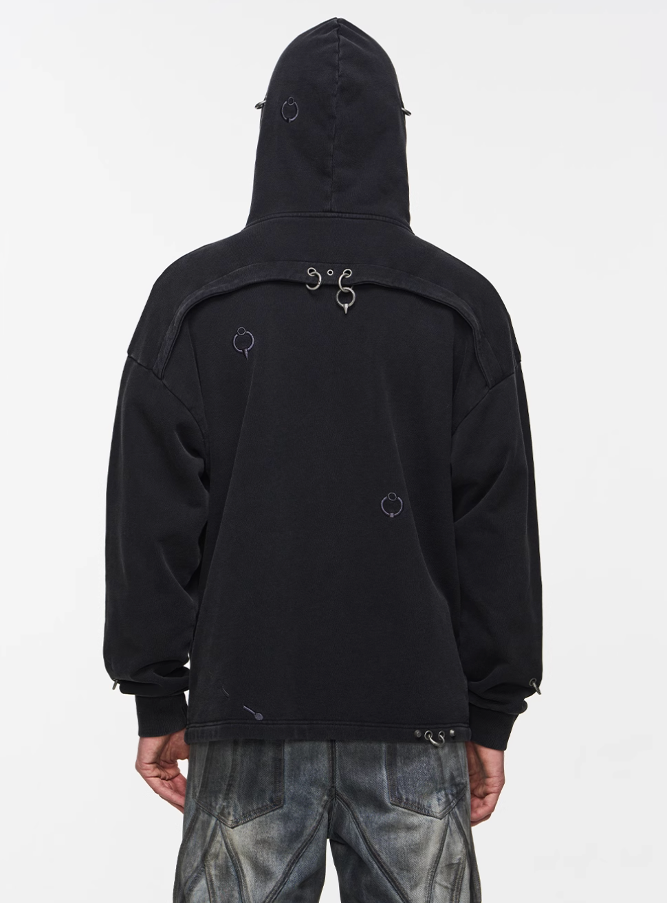 BLIND NO PLAN Washed Print Metal Detail Zip-Up Hoodie