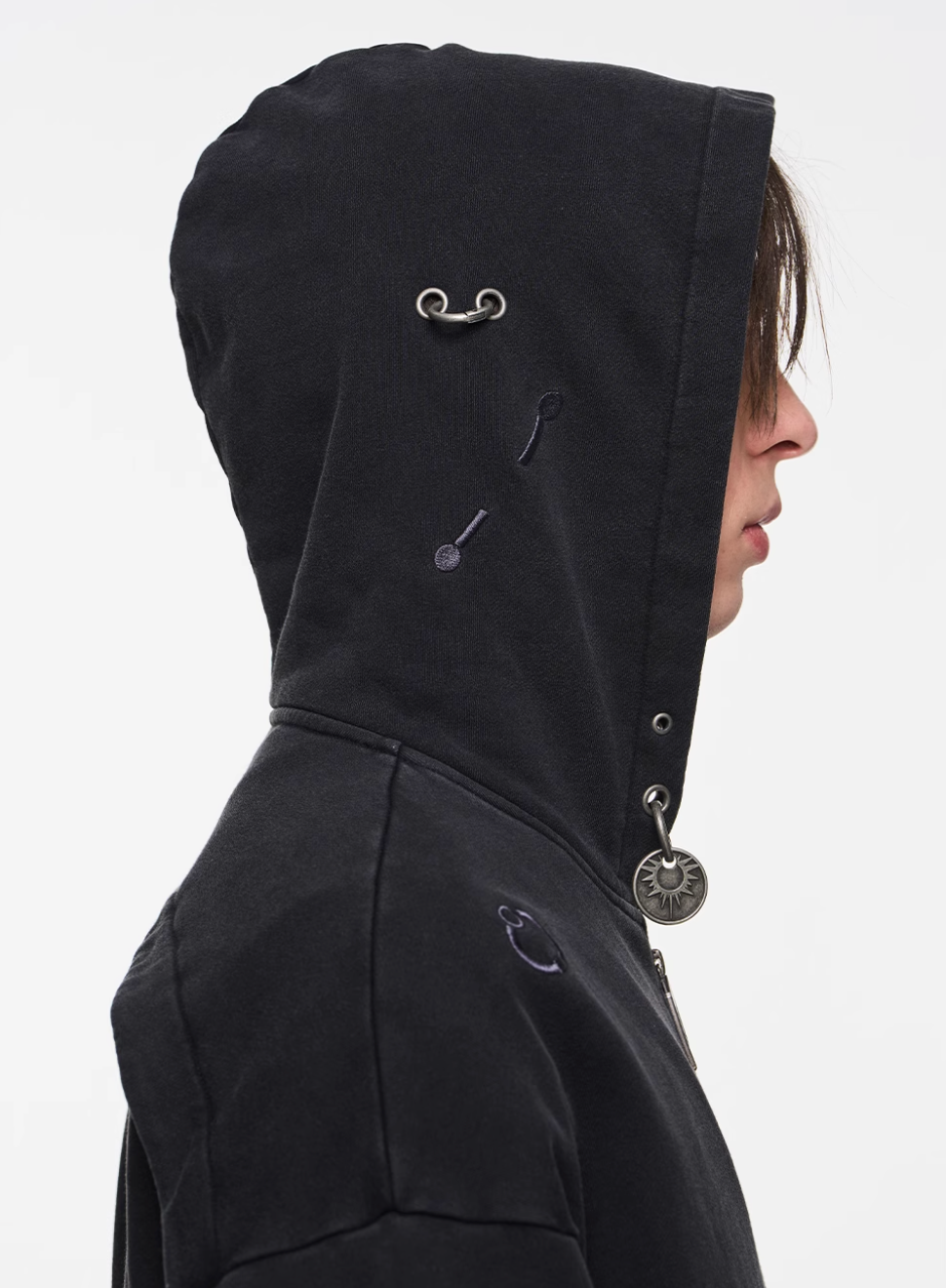 BLIND NO PLAN Washed Print Metal Detail Zip-Up Hoodie