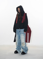 BLIND NO PLAN Double-Layer Patchwork Zipper Printed Hoodie
