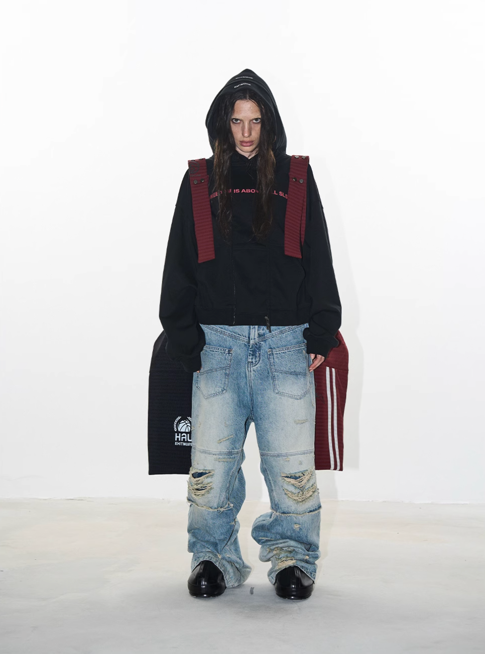 BLIND NO PLAN Double-Layer Patchwork Zipper Printed Hoodie