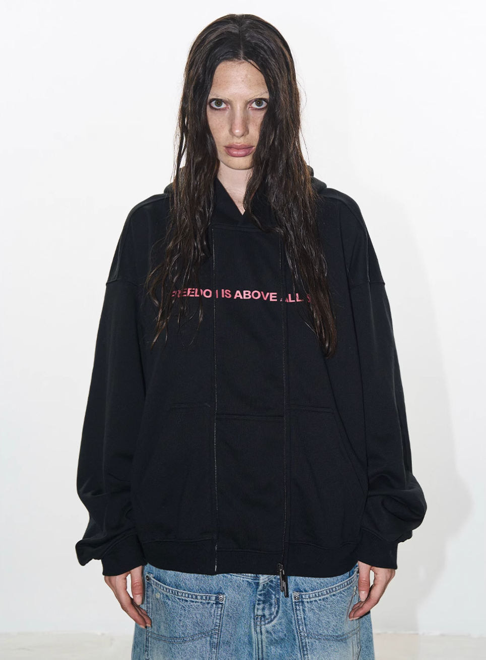 BLIND NO PLAN Double-Layer Patchwork Zipper Printed Hoodie