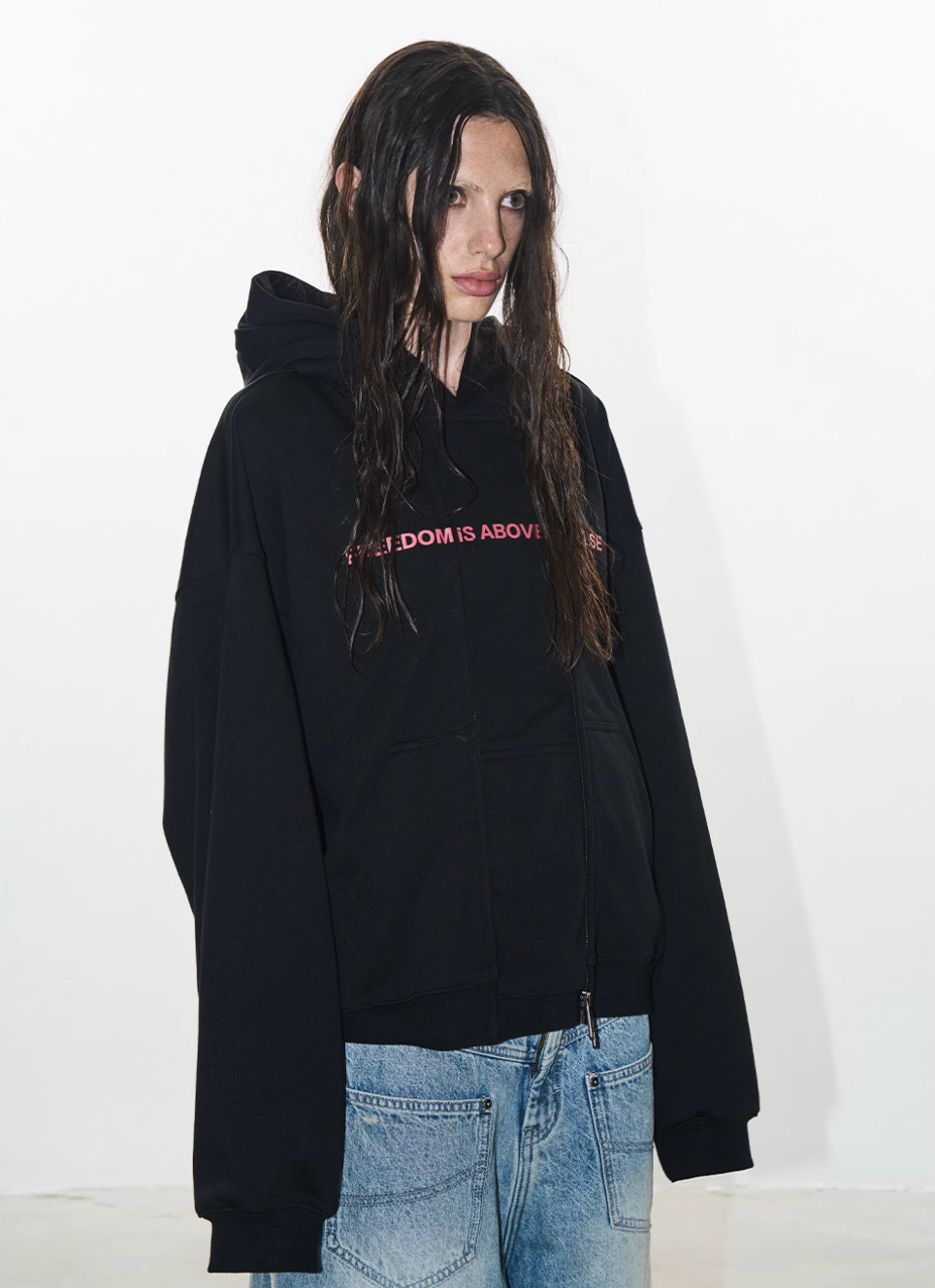 BLIND NO PLAN Double-Layer Patchwork Zipper Printed Hoodie