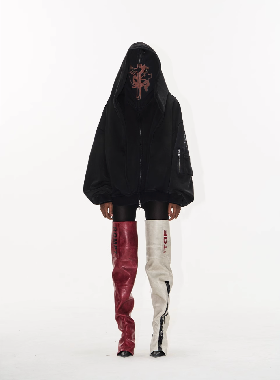 BLIND NO PLAN Cross Horse Mask Washed Print Zip-Up Hoodie