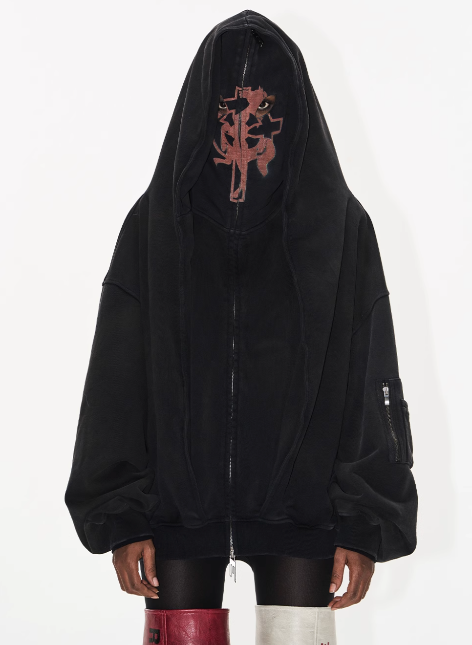 BLIND NO PLAN Cross Horse Mask Washed Print Zip-Up Hoodie