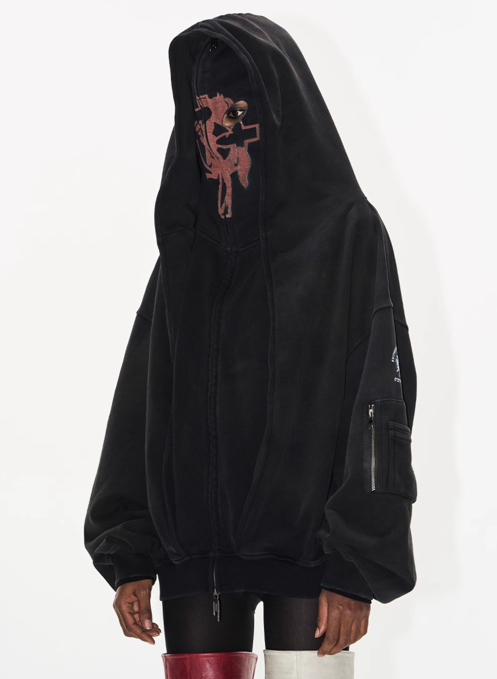 BLIND NO PLAN Cross Horse Mask Washed Print Zip-Up Hoodie
