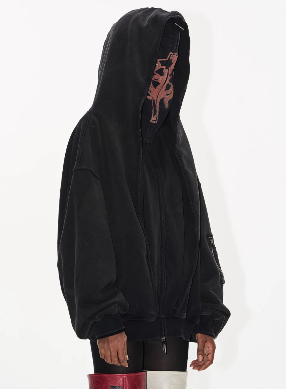BLIND NO PLAN Cross Horse Mask Washed Print Zip-Up Hoodie
