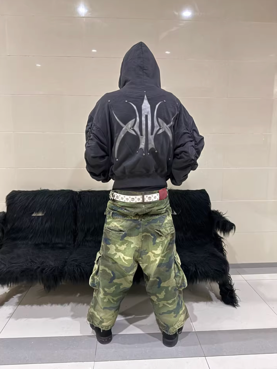 BLIND NO PLAN Logo Studded Embellished Zip-Up Hoodie