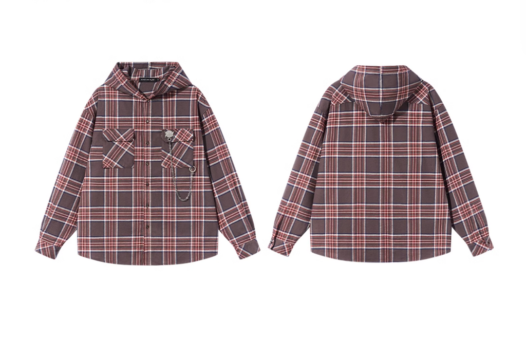 BLIND NO PLAN Metal Chain Hooded Plaid Long Sleeve Shirt