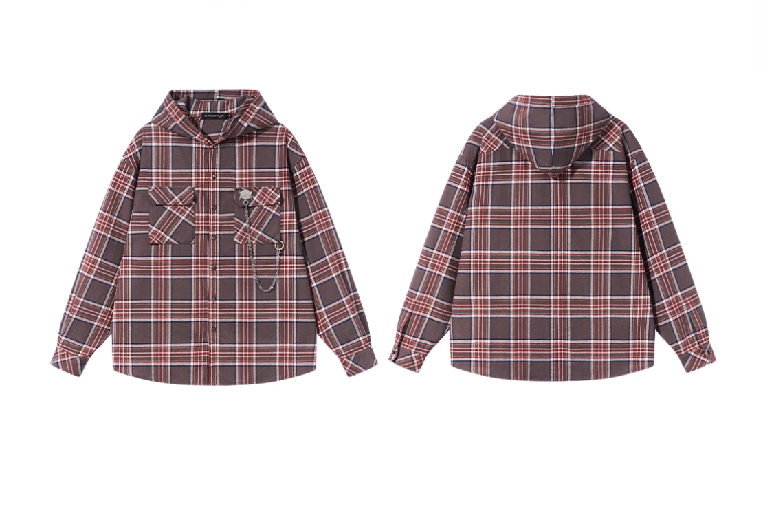 BLIND NO PLAN Metal Chain Hooded Plaid Long Sleeve Shirt