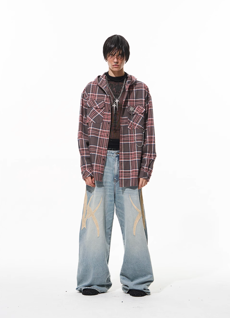 BLIND NO PLAN Metal Chain Hooded Plaid Long Sleeve Shirt