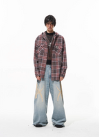 BLIND NO PLAN Metal Chain Hooded Plaid Long Sleeve Shirt