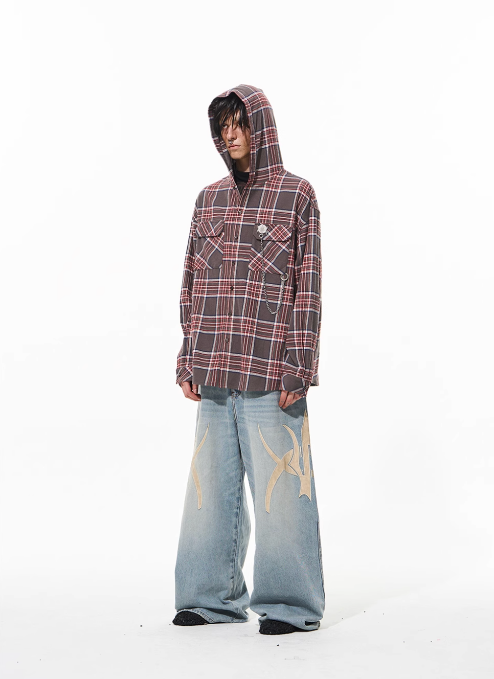 BLIND NO PLAN Metal Chain Hooded Plaid Long Sleeve Shirt