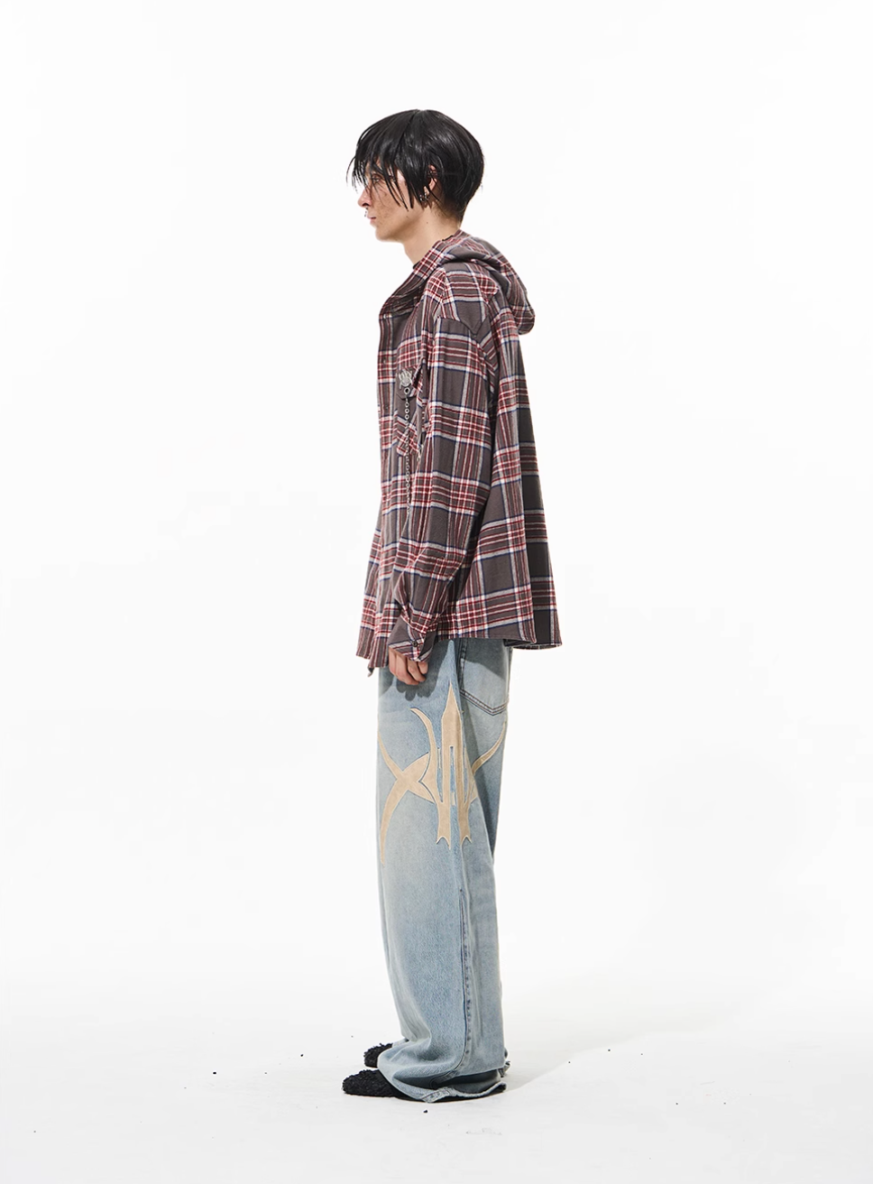 BLIND NO PLAN Metal Chain Hooded Plaid Long Sleeve Shirt