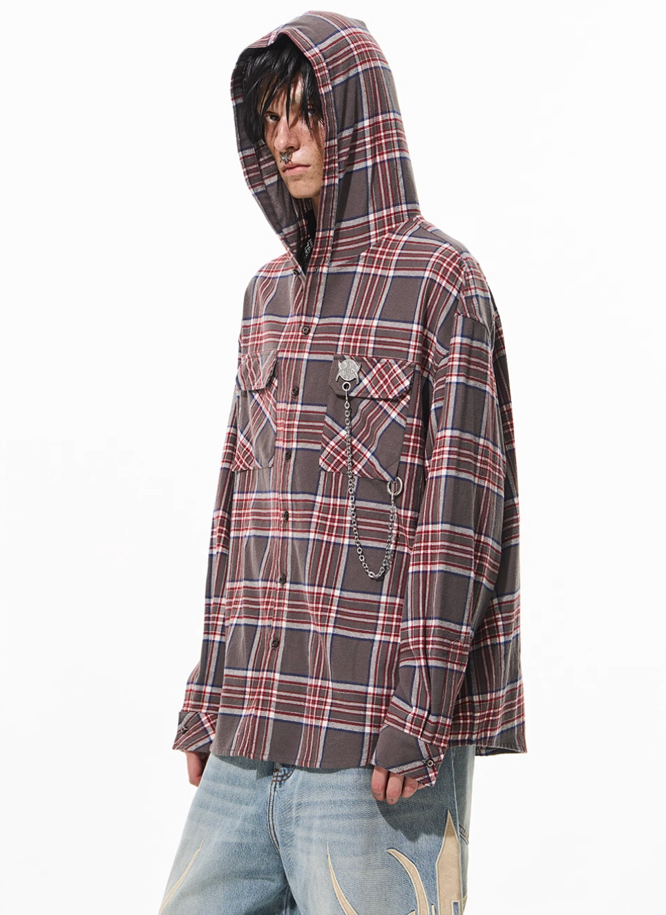 BLIND NO PLAN Metal Chain Hooded Plaid Long Sleeve Shirt