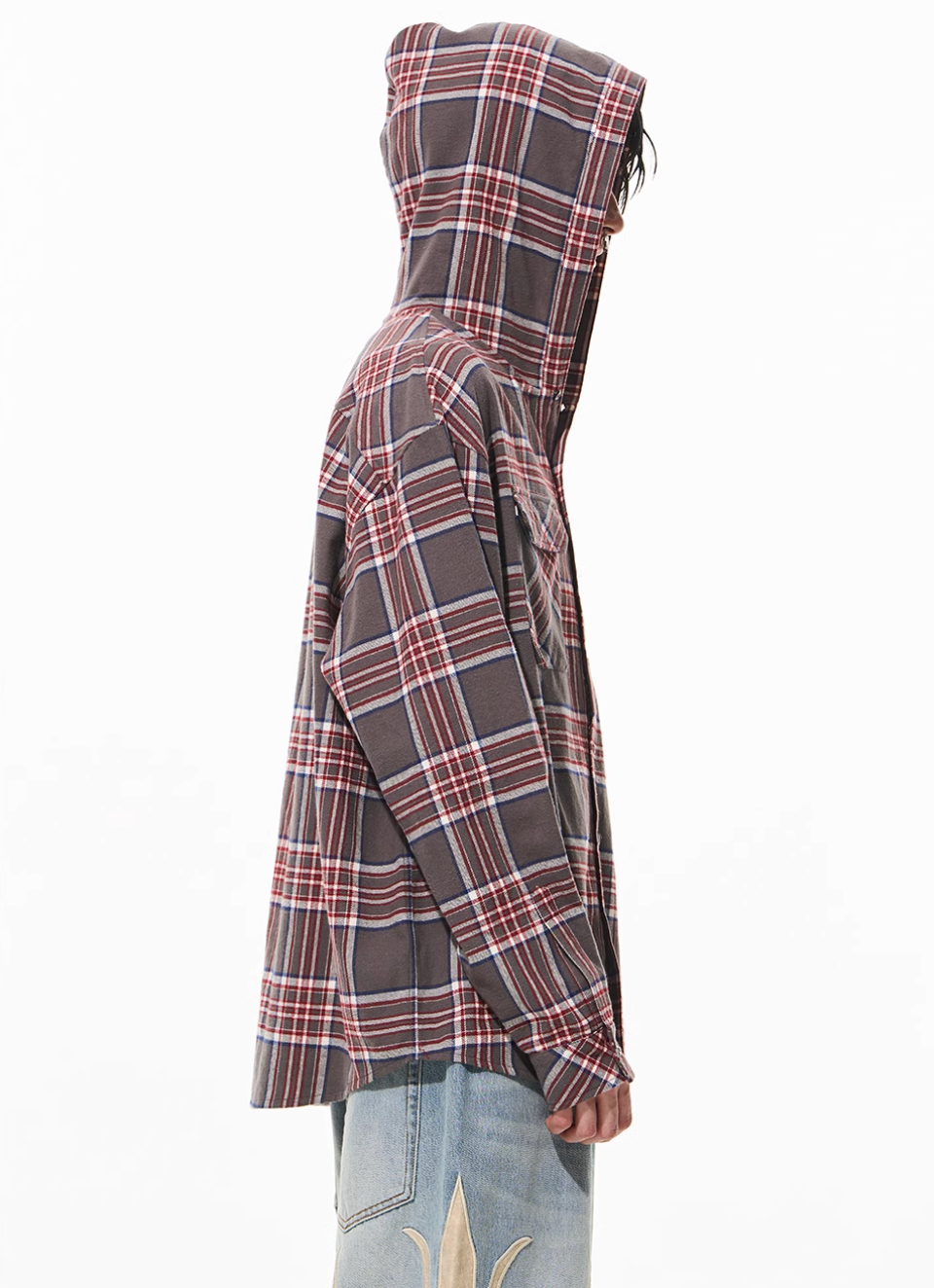 BLIND NO PLAN Metal Chain Hooded Plaid Long Sleeve Shirt