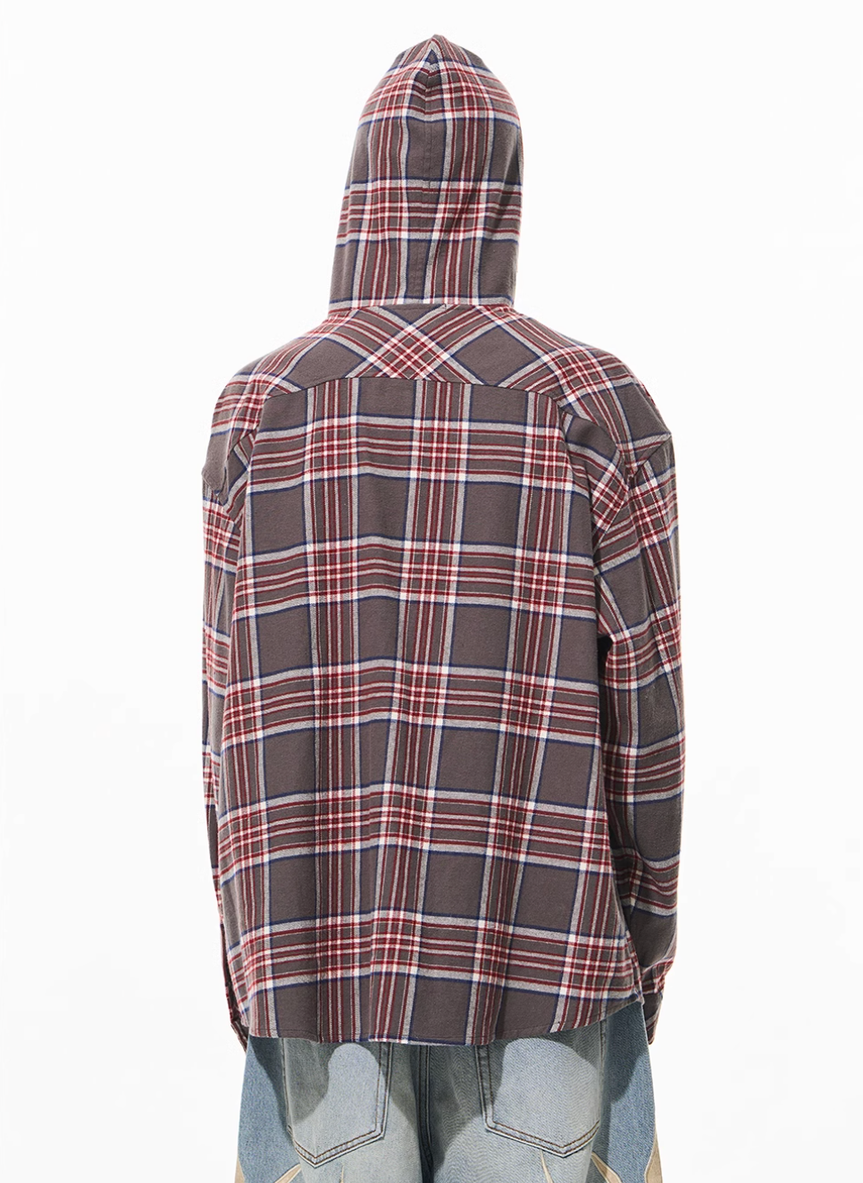 BLIND NO PLAN Metal Chain Hooded Plaid Long Sleeve Shirt