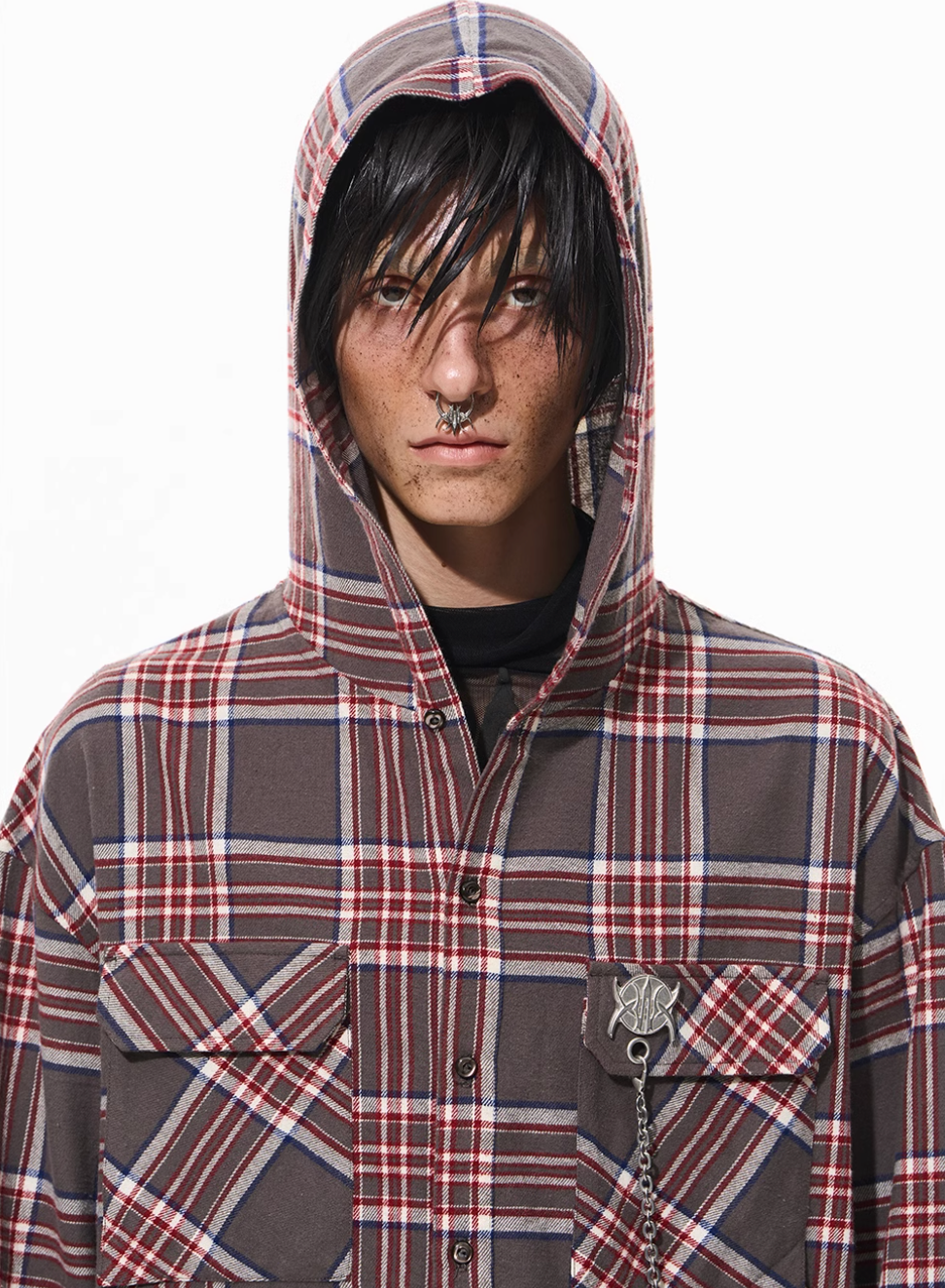 BLIND NO PLAN Metal Chain Hooded Plaid Long Sleeve Shirt