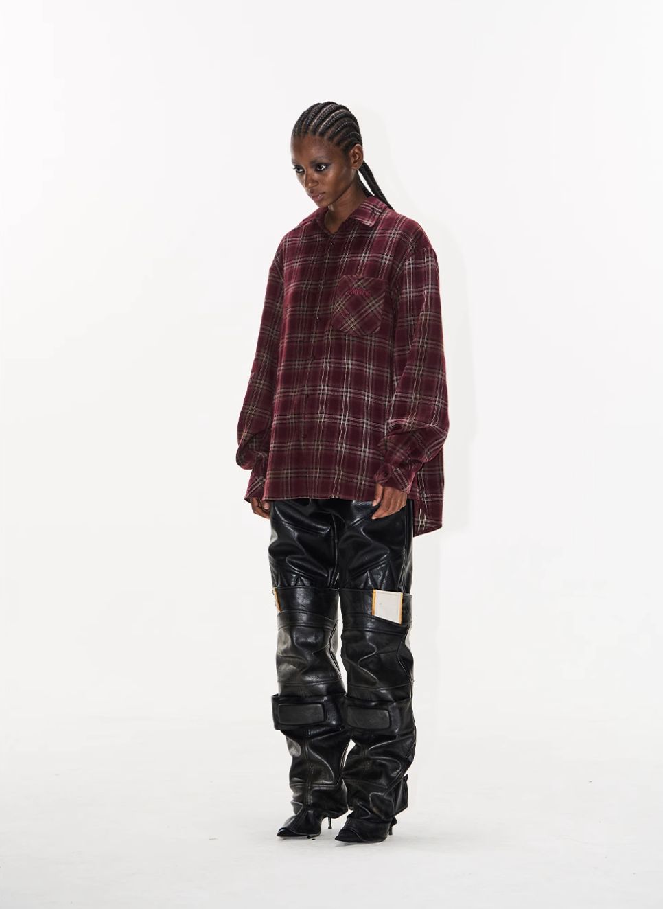 BLIND NO PLAN Washed Aged Cross Horse Patch Plaid Long Sleeve Shirt